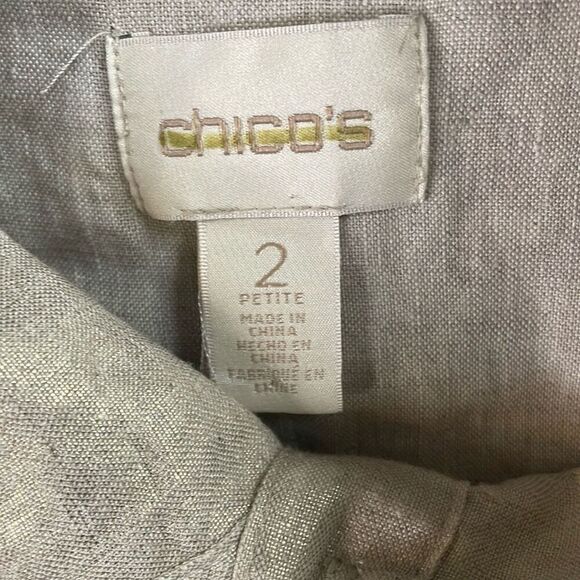 CHICO’S Women’s Gold Metallic Buttonup Linen Tab Sleeves Blouse Sz 1 Petite - Picture 6 of 7
